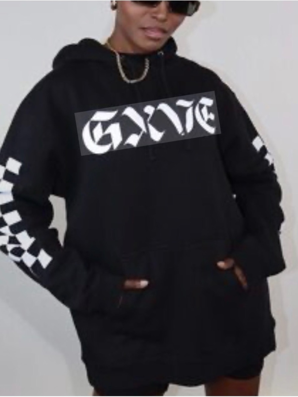 Black Graphic Hoodie Sweater with Checker Sleeve